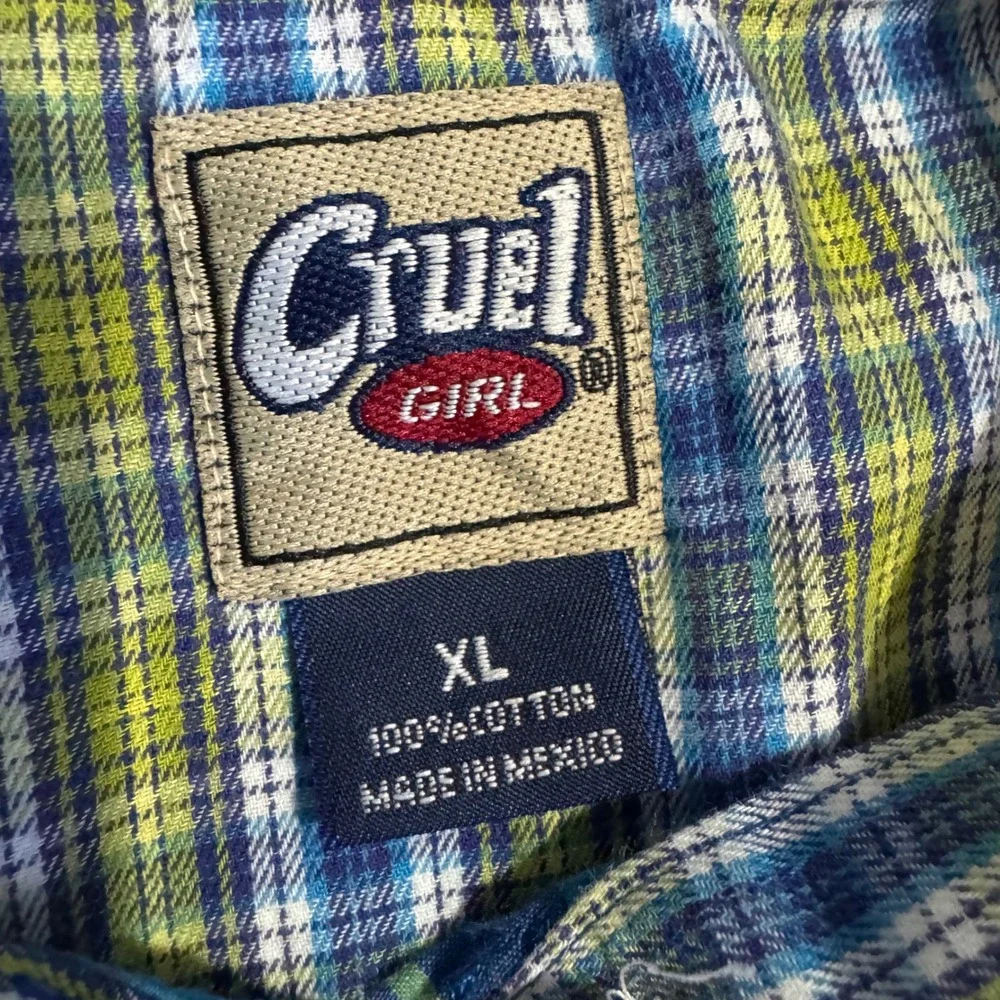 Cruel Girl Womens XL Blue Yellow Plaid‎ Western Button Down Cotton Shirt Logo